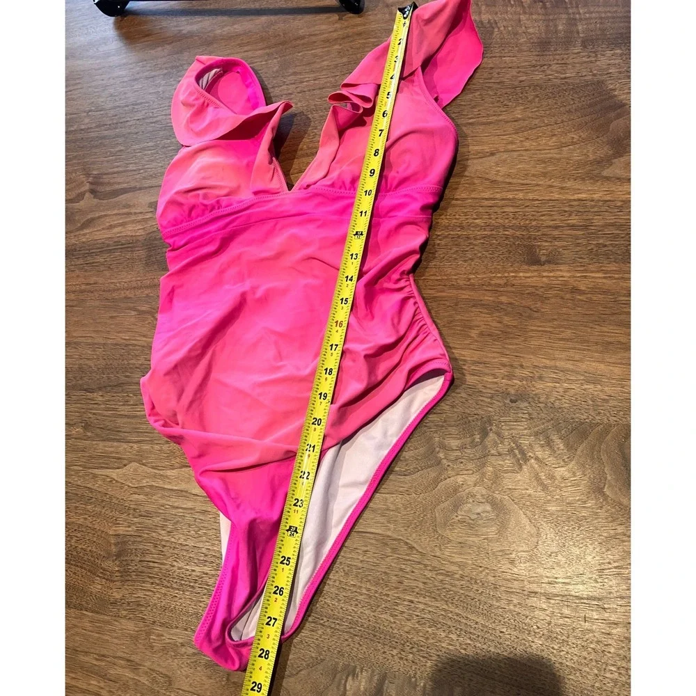 Annbon Womens XL One Piece Swimsuit Hot Pink‎ Ruffle V-Neck  Ruched Lace Up Back